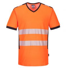 PW3 Workwear PW310 Orange Cotton High Vis V Neck Mesh Insert T Shirt