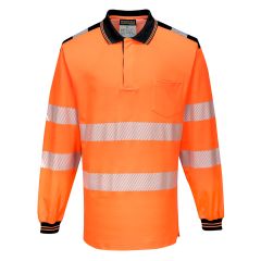 PW3 Workwear High Vis T184 Orange Black Long Sleeve Work Polo Shirt